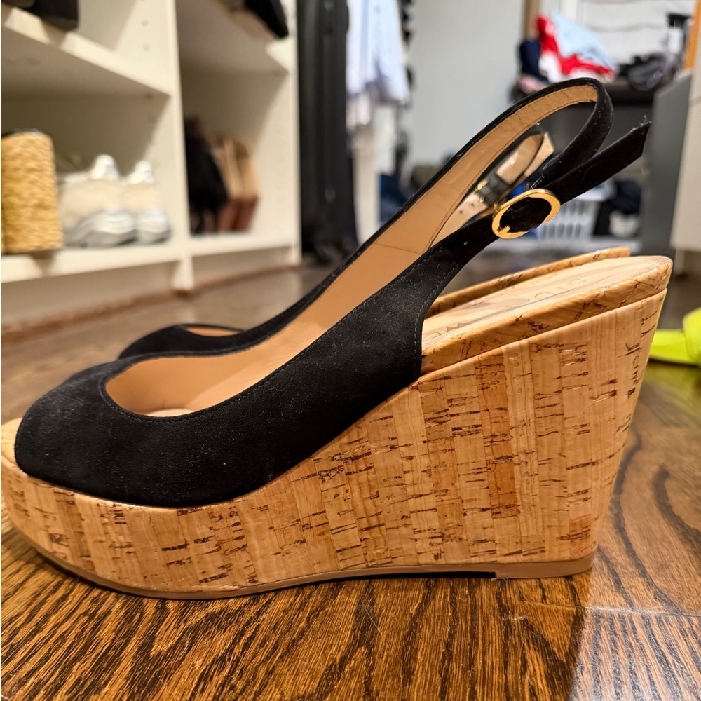 Stuart Weitzman Black Suede Wedges with Cork Platform
